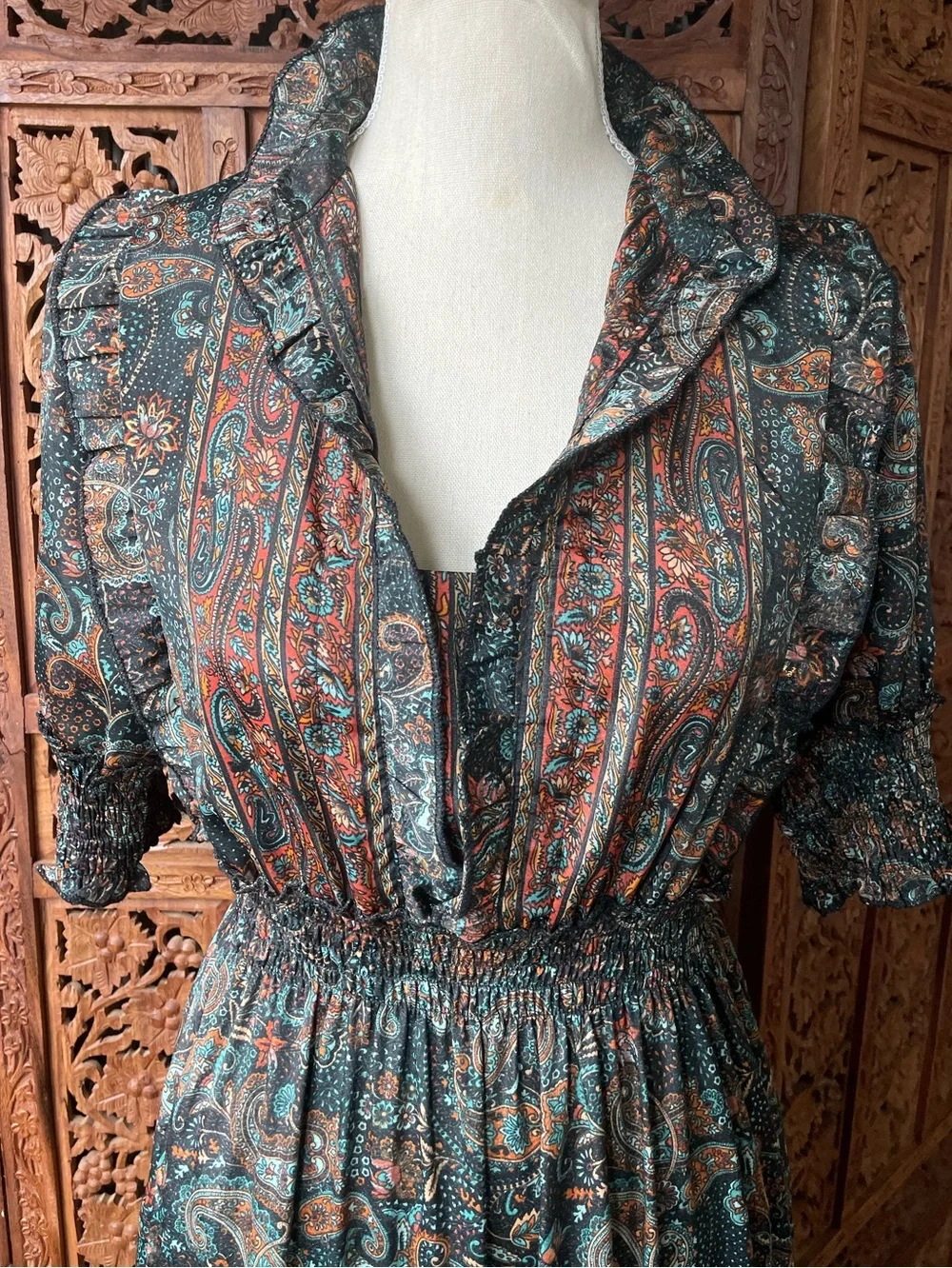 Vintage Boho Festival Western Paisley Tiered Ruffle Maxi Dress - Picture 8 of 16